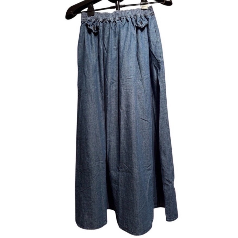 In February Skirt Womens Size S Blue Denim Maxi A-Line Smocked Waist w/pockets - Picture 2 of 9
